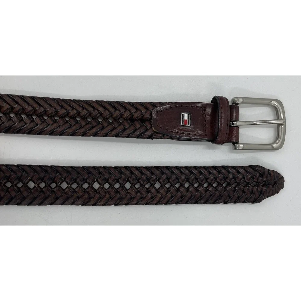 Tommy Hilfiger Braided Belt‎ Brown Leather Brushed Nickel Buckle Men's Size 42